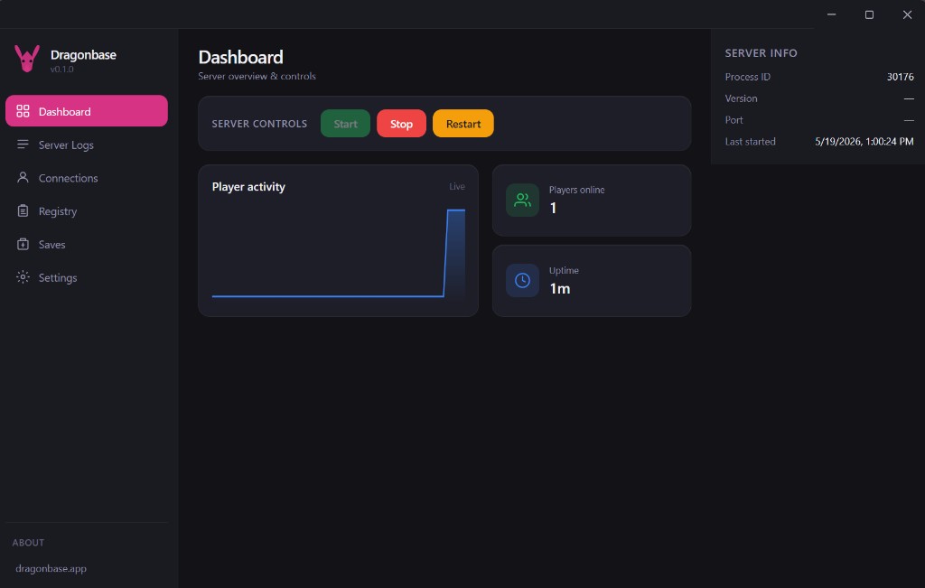 Dragonbase app showing the dashboard with server controls and player activity